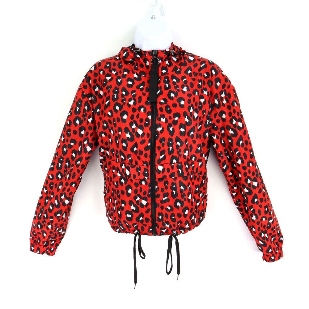 Me Jane Windbreaker Jacket Girls Size M Red Black Animal Print Hooded Adj. Waist